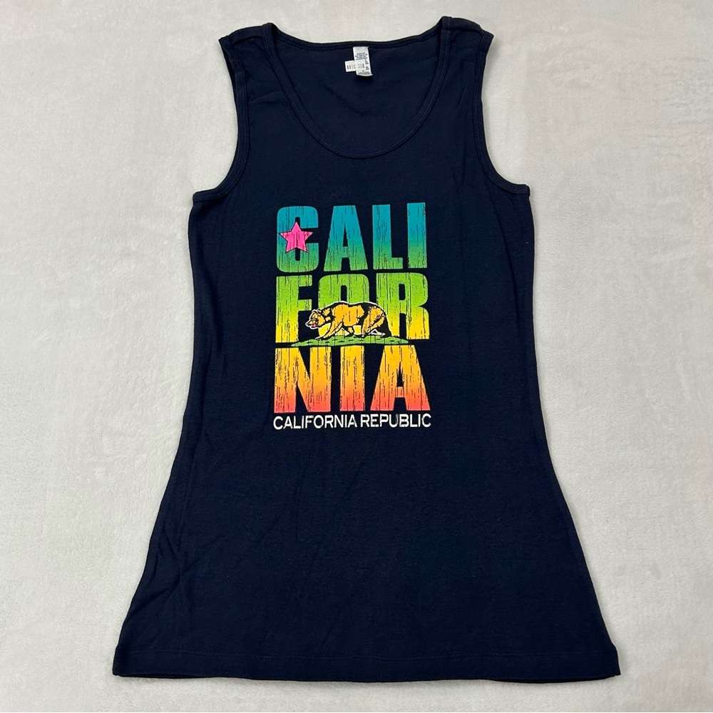 California Republic Rainbow Graphic Navy Blue Tank Top Beach Shirt Women Size S